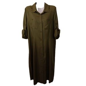 Roamans Olive Green Lightweight Shirt Dress w/ Front Pockets & Cuffed Sleeve 14W